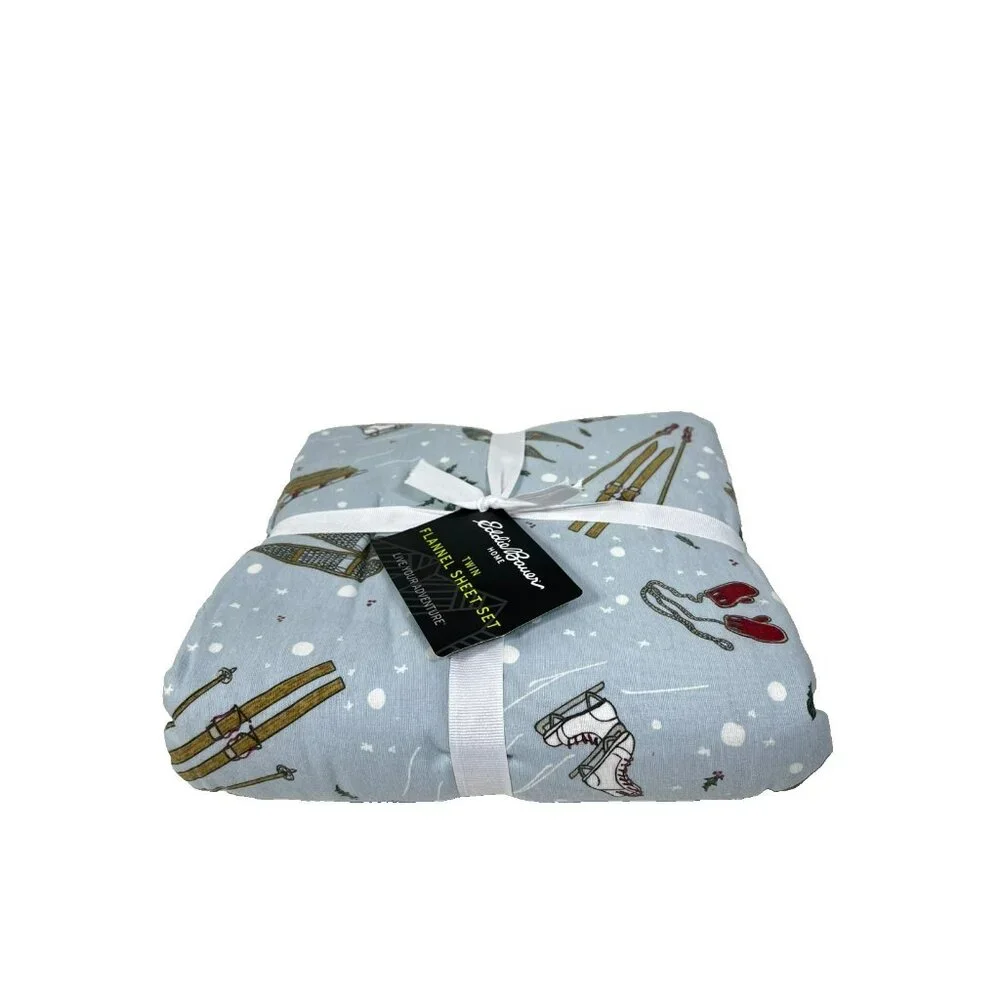 Eddie Bauer Twin Flannel Sheet Set Winter Snow Day Print Blue